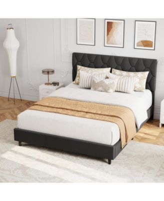 Queen Upholstered Bed Frame with Headboard and Wood Slats