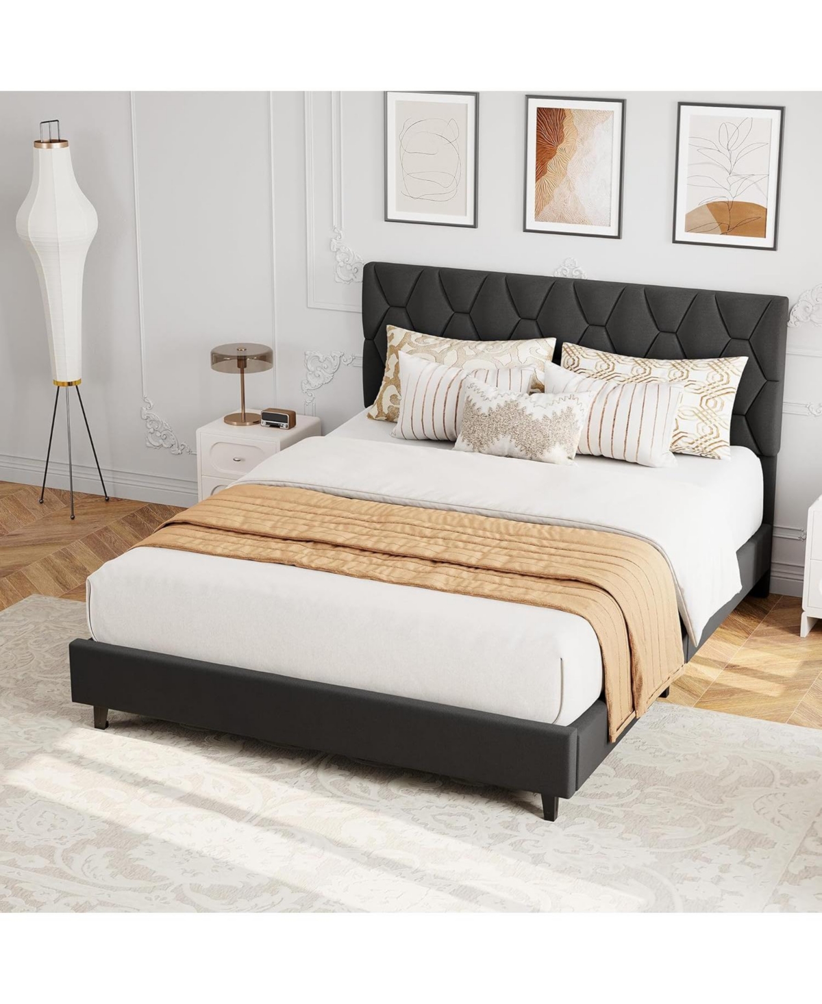 gaomon Queen Upholstered Bed Frame with Headboard and Wood Slats