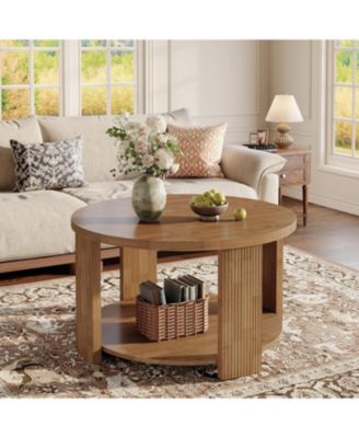 2-Tier Round Coffee Table for Living Room, 31.5-Inch Mid-Century Modern Circle Accent Center Table with Thick Tabletop, Low Cocktail Tea