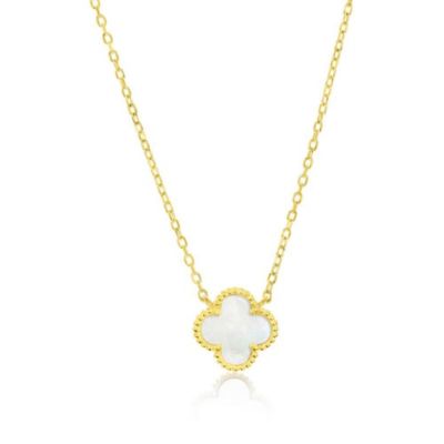 Sterling Silver,Mother of Pearl Clover, Beaded Outline Necklace