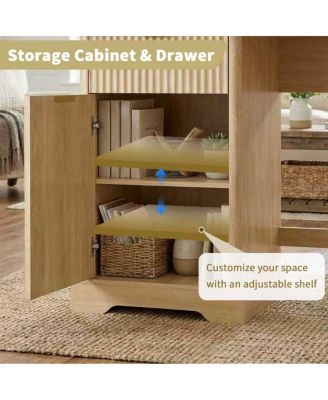  59" Modern Fluted L-Shaped Desk with Charging Station & Storage Cabinet - Oak