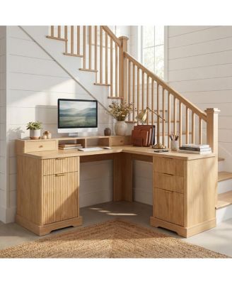  59" Modern Fluted L-Shaped Desk with Charging Station & Storage Cabinet - Oak