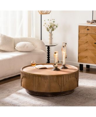  Modern Round Coffee Table - Solid Wood & MDF Moon-Cut Fluted Center Table