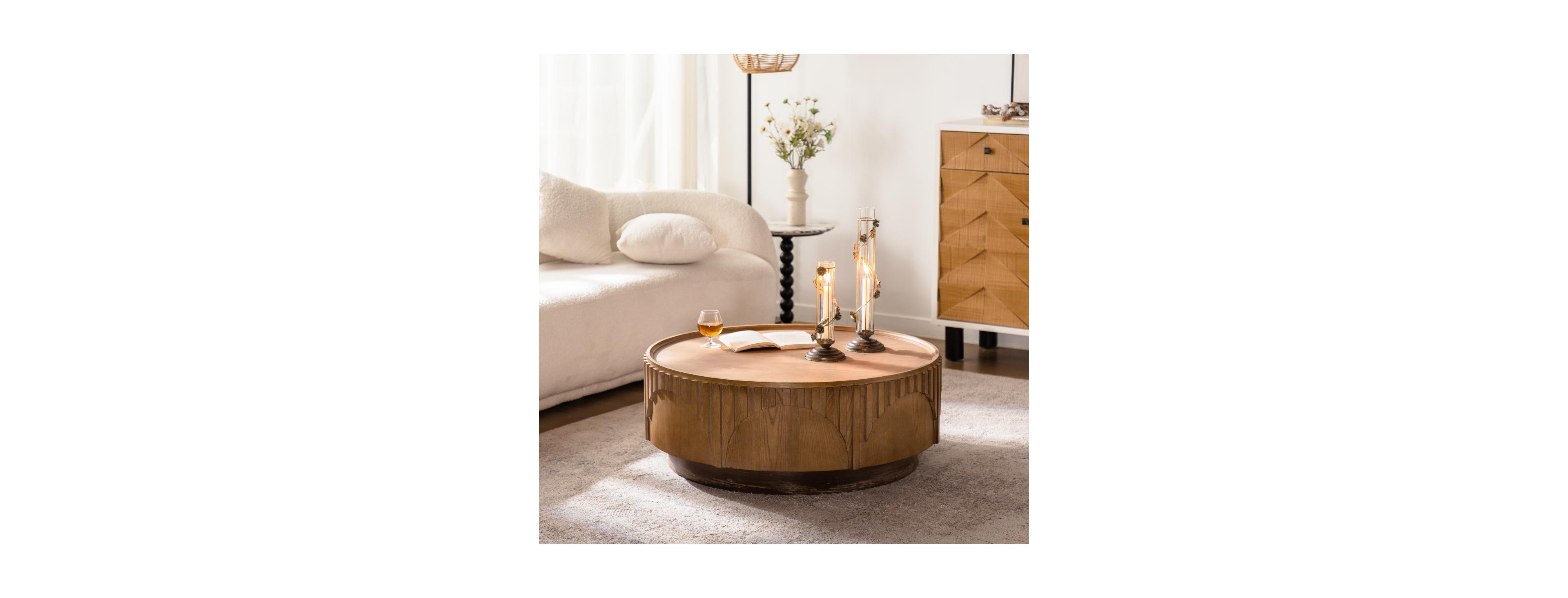 Streamdale Furniture Modern Round Coffee Table - Solid Wood & Mdf Moon-Cut Fluted Center Table