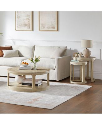  24" 2PC Curved Round Wooden Coffee Table Set, Mid Century Rustic Oak