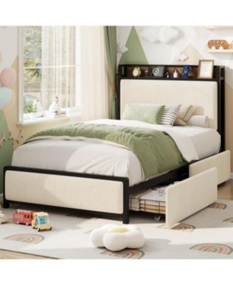 Twin Size Upholstered Platform Bed Frame with Storage Headboard and Charging Station, Corduroy Fabric Bed with 2 Rolling Drawers