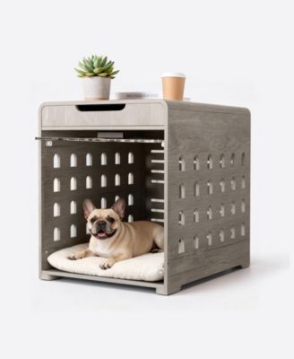 Dog Crate End Table with Charging Station, Furniture Style Pet Crate Nightstand for Dogs