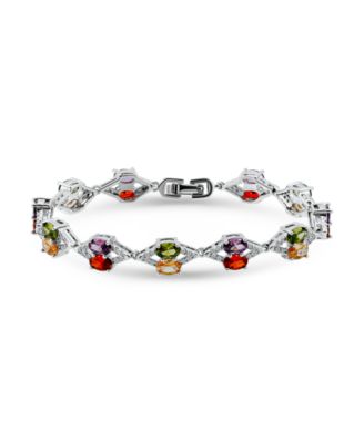 2 1/5 ct. t.w Pave Cubic Zirconia "X" Link 6x4mm Oval Multi Color Glass Stone Stations Bracelet
