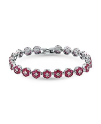 1 ct. t.w 2mm Round Cut Cubic Zirconia 2mm Ruby Red Glass Stones Cluster Flower Link Bracelet