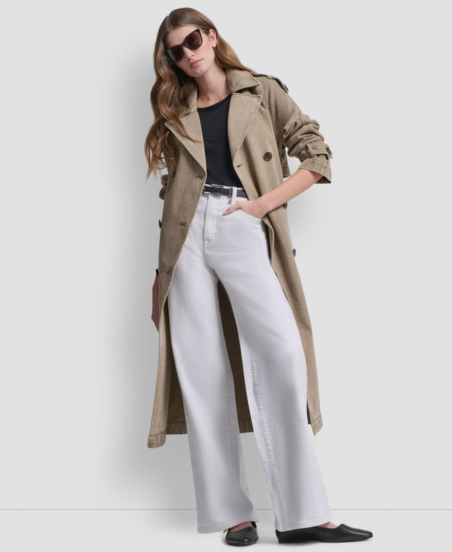 Женское пальто DKNY Double Breasted Denim Belted Trench, цвет: Хаки — фото 6