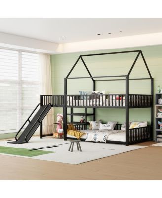 Full Metal House Bunk Bed with Storage Stairs, Slide, Safety Rails