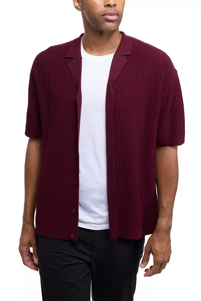 Men's Short Sleeve Vertical Ottoman Camp Collar Button Down Sweater Polo - thumbnail 7