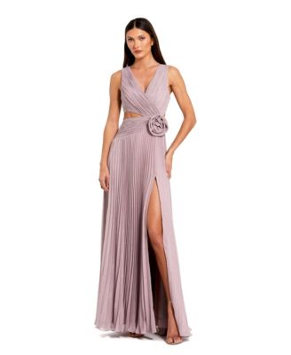 Women's Pleated V-Neck Cutout Gown with Rosette Slit Dress
