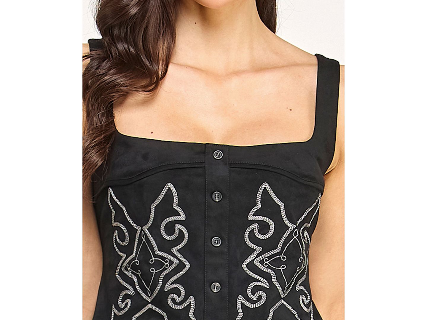 Женский жилет SENI & CADE Juniors' Square Neck Embroidered Vest Lace Up Back With Short Skirt, цвет: Чёрный — фото 4
