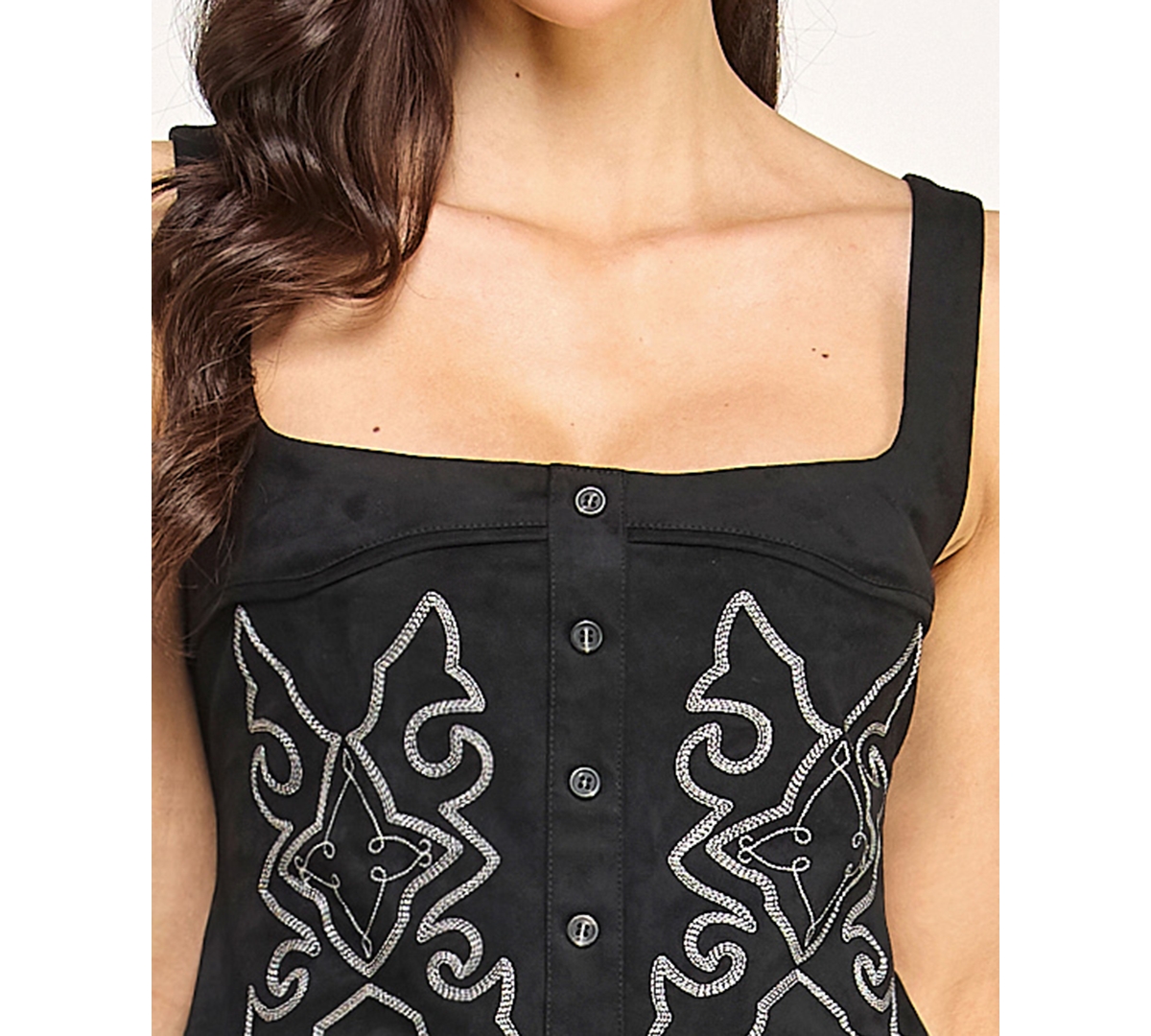 Seni & Cade Juniors' Square Neck Embroidered Vest Lace Up Back With Short Skirt