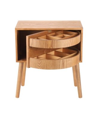 Rotating Hidden Compartment Nightstands, Mid Century Rattan Bedside Table with Flip Drawer and Wood Legs for Living Room, Bedroom