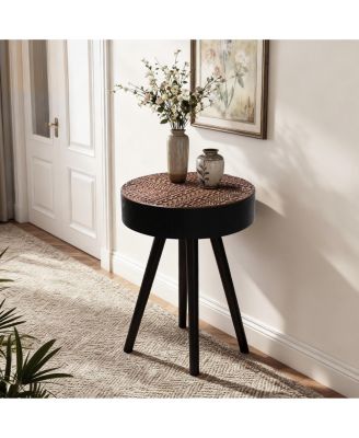 15.7 in. Round Coffee Table with Carved Top – Small Drink Table, Modern Accent Nightstand for Living Room, Bedroom, Office – Easy Assembly