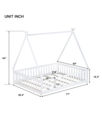 Full Size Rubber Wood Tent-shaped Floor Bed,with Guardrails,Slats and Door
