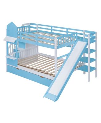 Full-Over-Full Castle Style Bunk Bed with 2 Drawers 3 Shelves and Slide