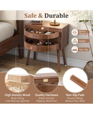 Rotating Hidden Compartment Nightstands, Mid Century Rattan Bedside Table with Flip Drawer and Wood Legs for Living Room, Bedroom