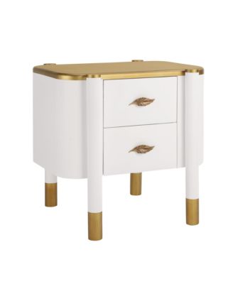 2 Drawers Nightstand with Curved Profile Design, Bedside Table with Metal Feather-Shaped Handles, End Table for Living Room and Bedroom