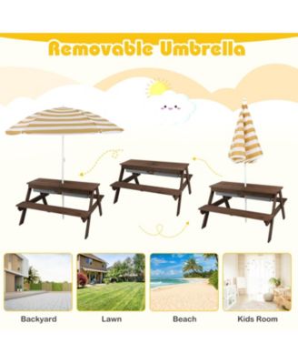 3-in-1 Kids Picnic Table Wooden Outdoor Sand & Water Table with Umbrella Play Boxes