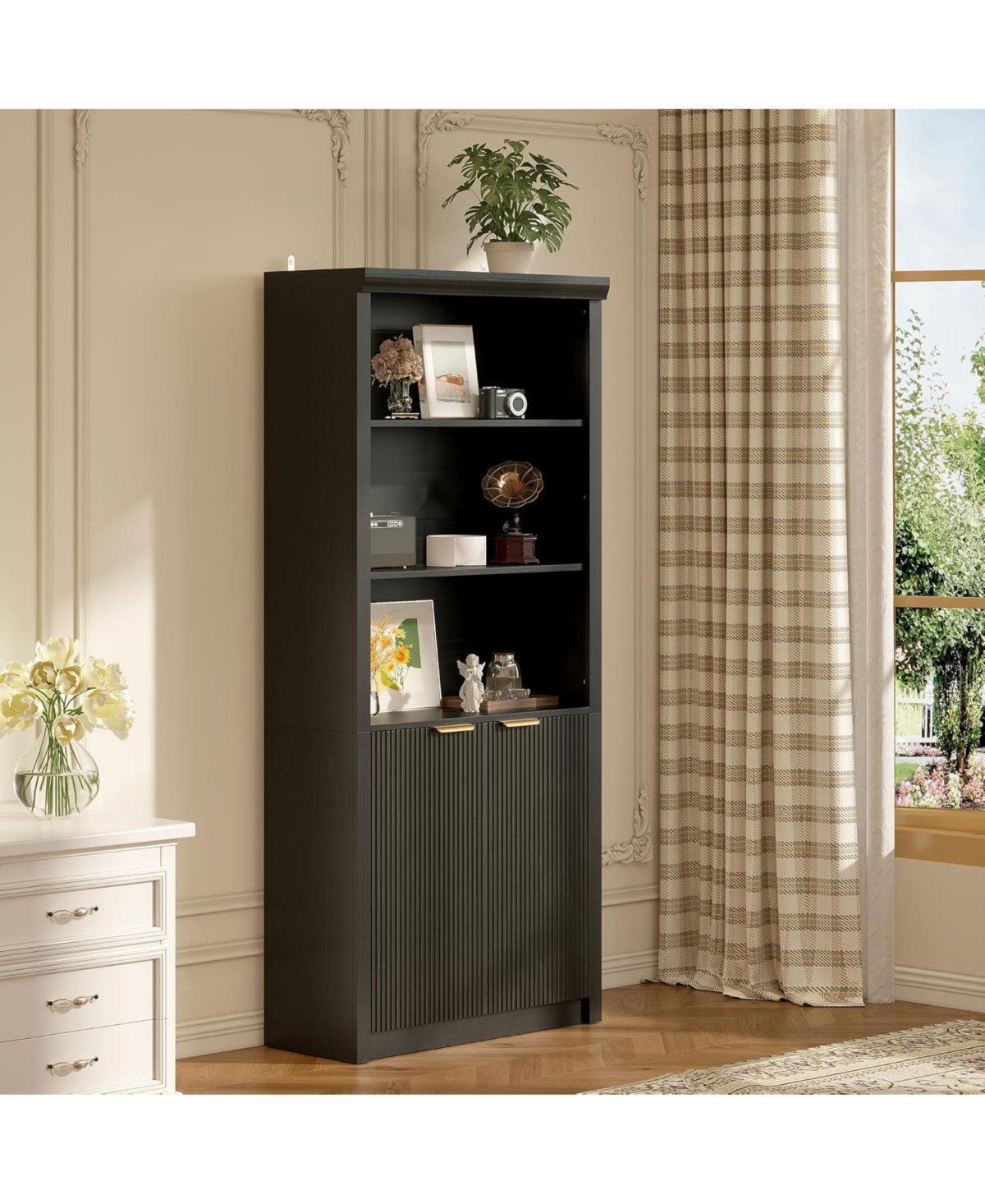 gaomon Tall 5-Shelf Wooden Bookcase with Doors, 31.5" Wide Farmhouse Book Shelf, Adjustable Top Shelf