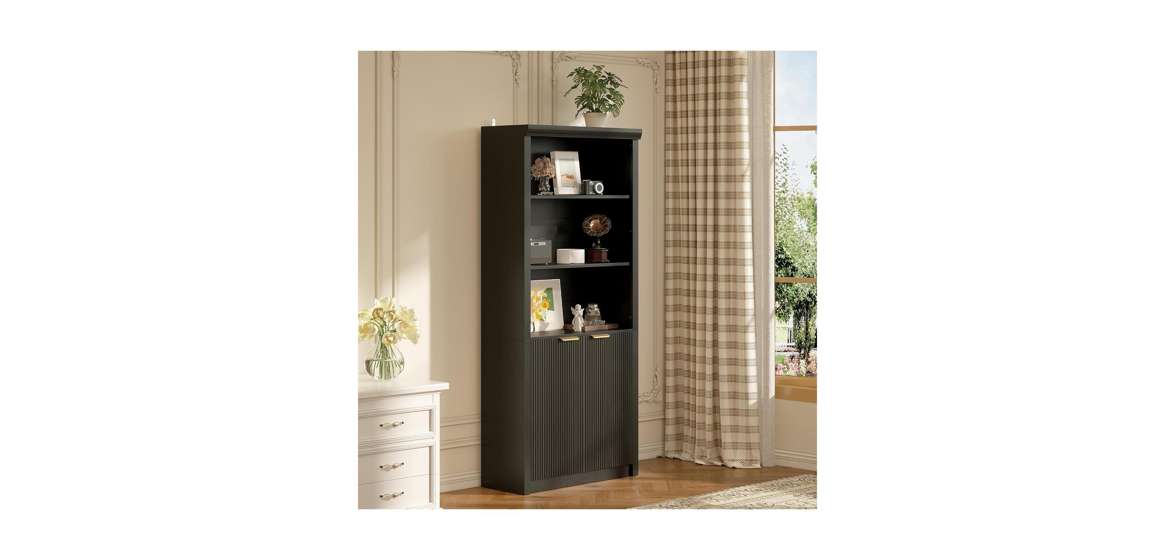 gaomon Tall 5-Shelf Wooden Bookcase with Doors, 31.5" Wide Farmhouse Book Shelf, Adjustable Top Shelf
