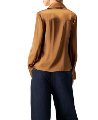 Women's Solid Long Sleeve Satin Shirt