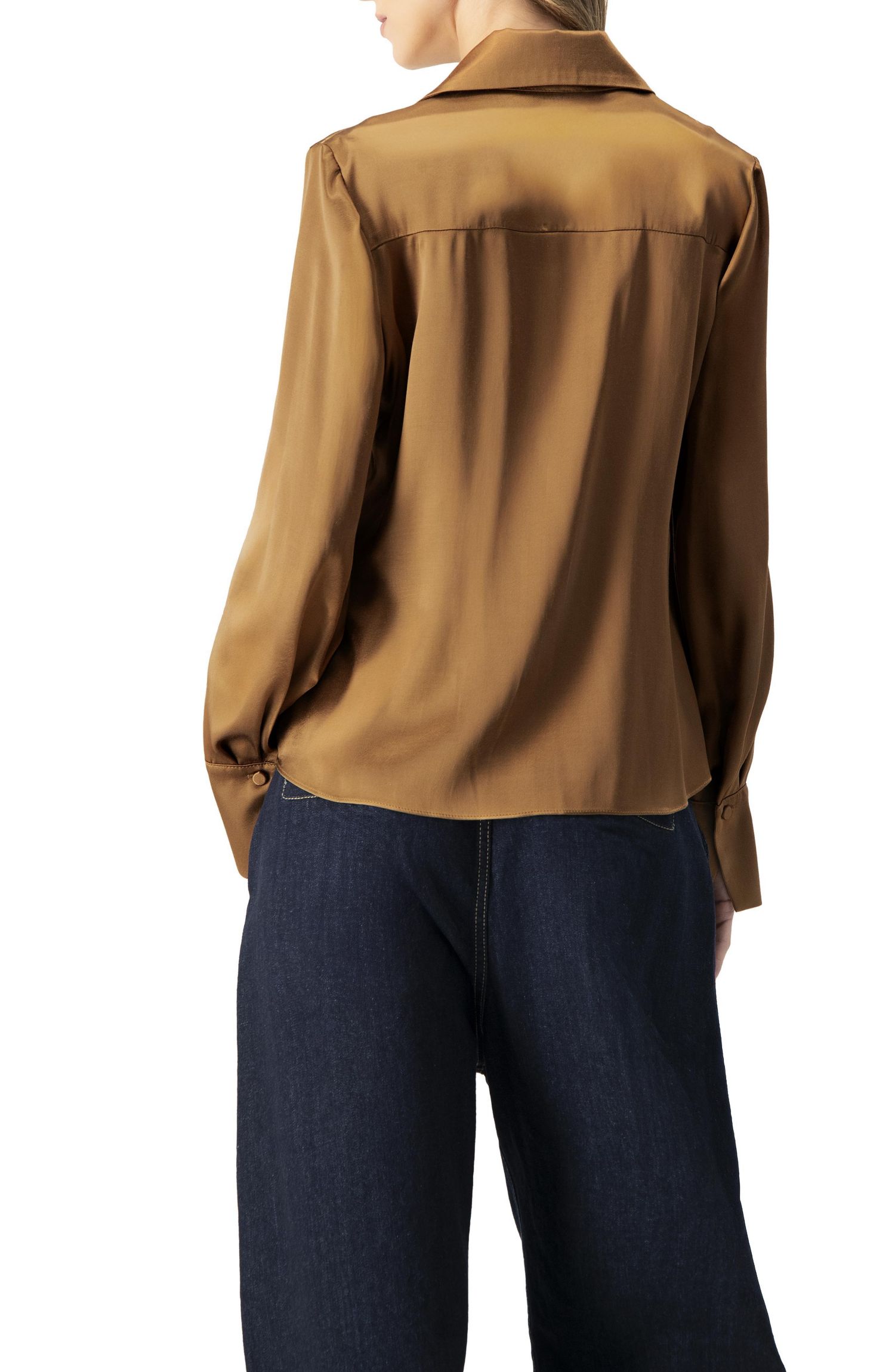Women's Solid Long Sleeve Satin Shirt