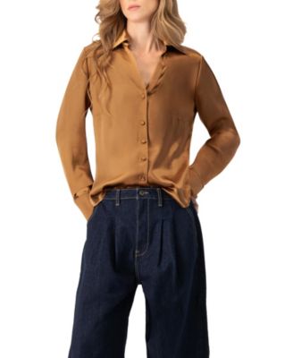 Women's Solid Long Sleeve Satin Shirt