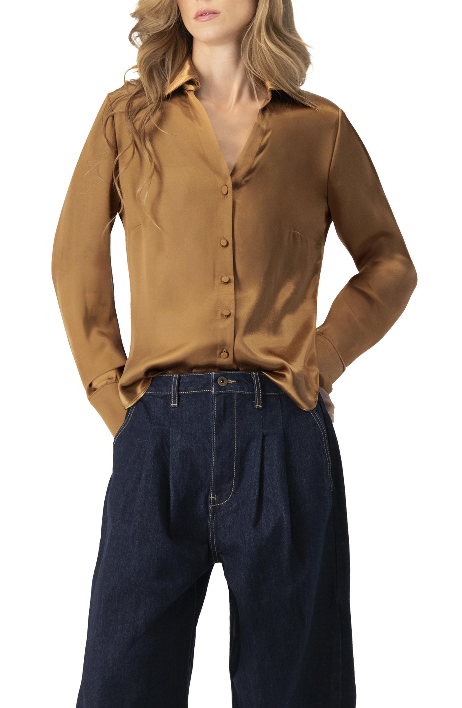 Women's Solid Long Sleeve Satin Shirt