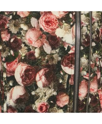 Women's Black Floral Print Felt Zip-Up Jacket