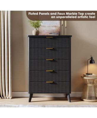 Fluted Dresser for Bedroom, 5 Deep Drawer Modern Wood Storage Chest, Black