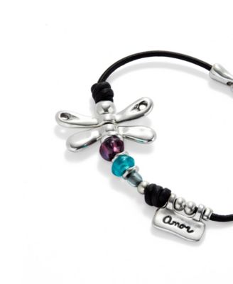 Leather Bracelet featuring a Dragonfly Plated in Sterling Silver and Multicolored Crystals