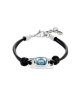 Leather and Metal Alloy Bracelet, plated in Sterling Silver, with Blue Faceted Glass