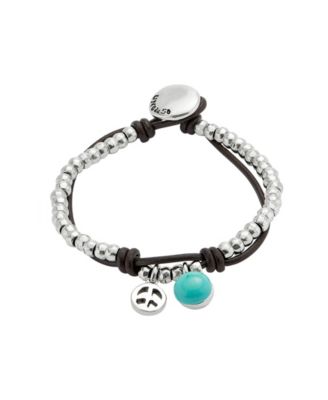 Silver-Plated Beaded Bracelet with Leather and Turquoise Murano Glass Beads