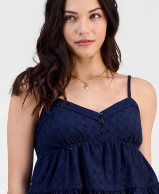 Juniors' V-Neck Cotton Eyelet Babydoll Tiered Top 