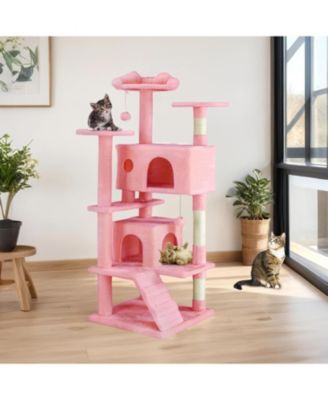 54" Pink Cat Tree Tower: Multi-Level, Sisal Post, Ladder, Plush Toys, Rest & Play