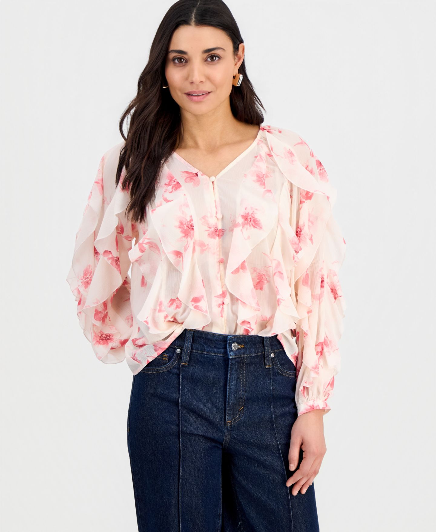 Женская блузка I.N.C. International Concepts Petite V-Neck Ruffled Blouse, цвет: Aria Garden — фото 1