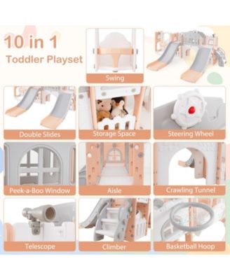 10 in 1 Toddler Slide and Swing Playset with Climber Tunnel and Double Slides