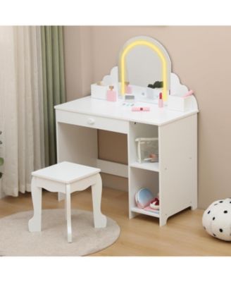 Kids Vanity Lighted Mirror - 2 in 1 Little Girls Vanity Table and Stool - Kids Makeup for Bedrooms, Apartments