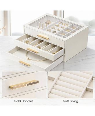 3 Layer Leather Jewelry Box with Clear Lid and Gold Hardware