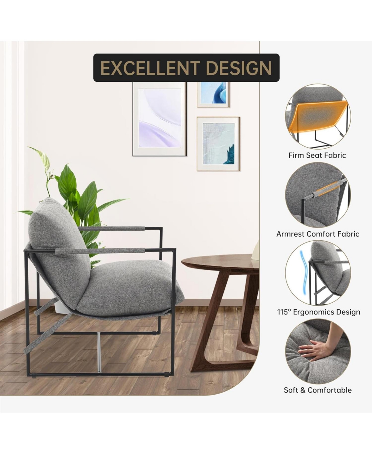 gaomon Sling Accent Chair for Living Room,Metal Framed Armchair with Shredded Foam Cushioning