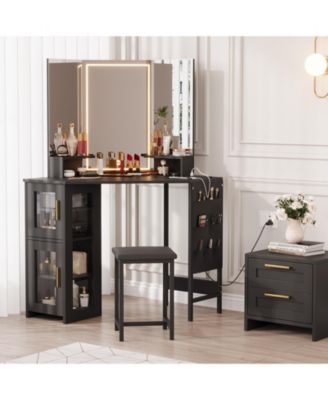 Corner Vanity Desk LED Lighted Mirror Charging Station and Storage Cabinet for Bedrooms, Apartments, Easy to Assemble