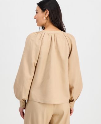 Petite Split-Neck Blouson-Sleeve Blouse