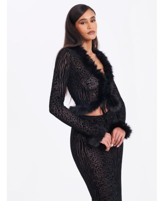 Women's Hali Black Animal Print Burnout Velvet Fur Trim Top