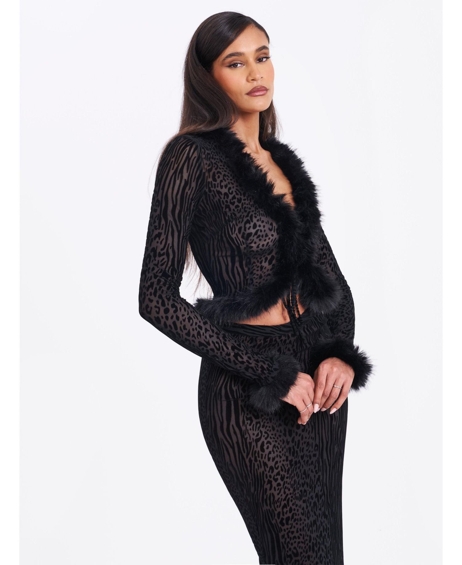 Women's Hali Black Animal Print Burnout Velvet Fur Trim Top