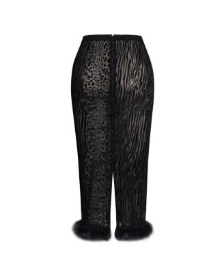Women's Halia Black Animal Print Burnout Velvet Fur Trim Skirt