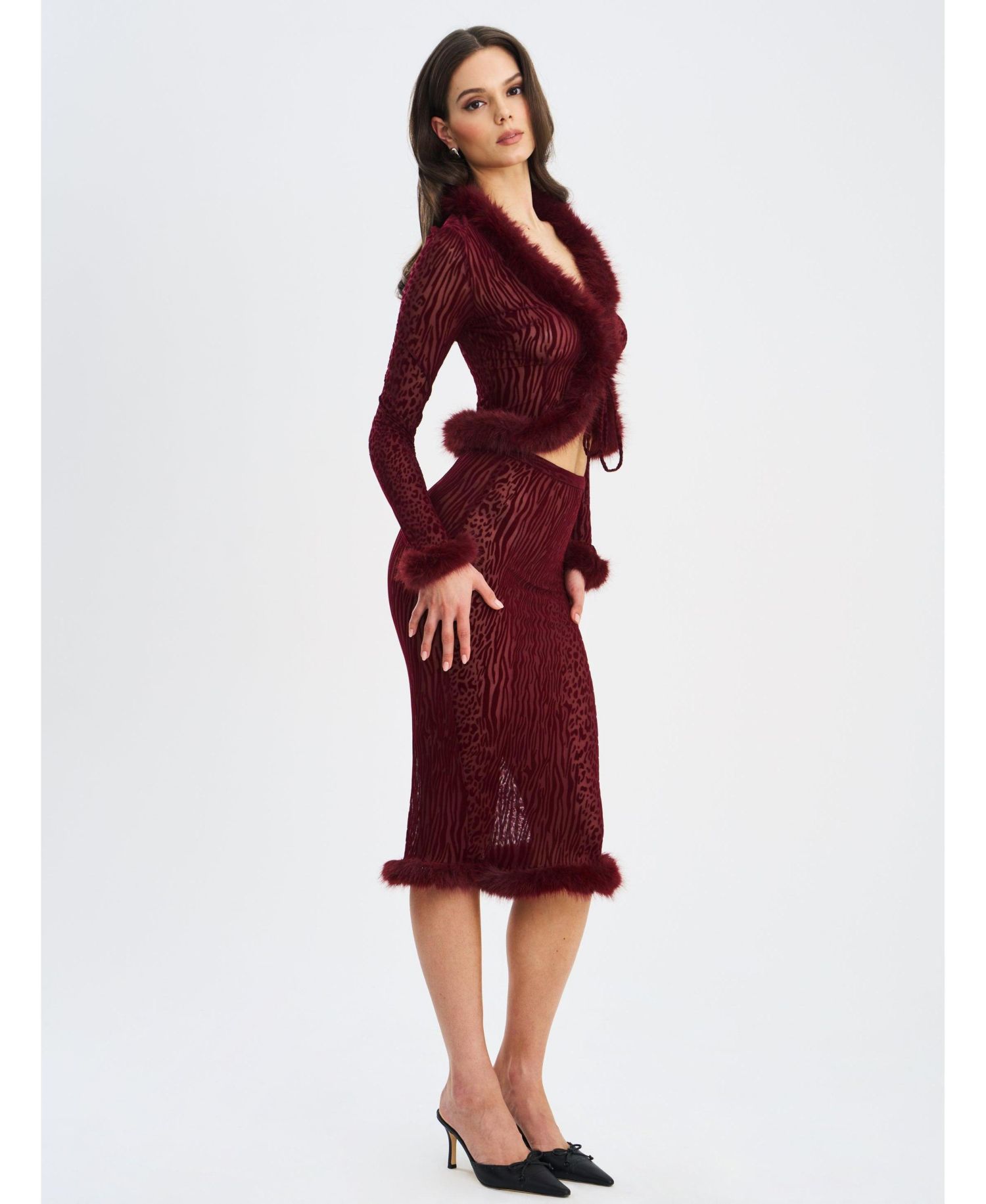 Women's Halia Burgundy Animal Print Burnout Velvet Faux Fur Trim Skirt